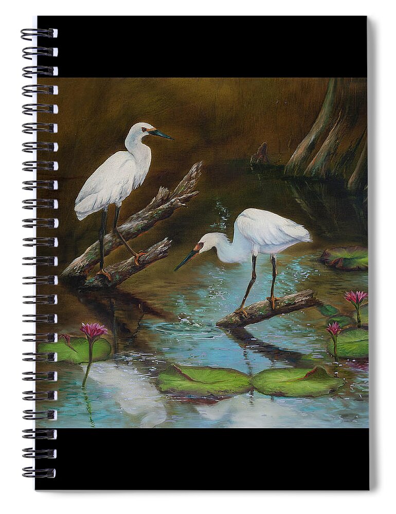 Egrets Spiral Notebook featuring the painting Two Egrets--Missed Again by Lynne Pittard