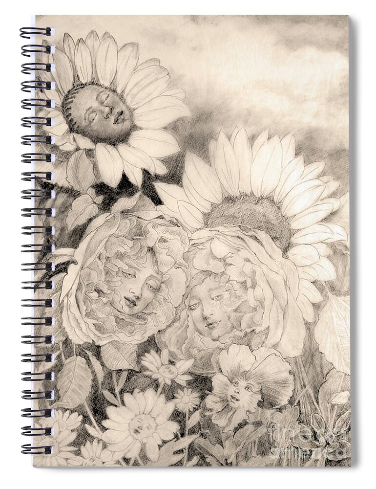 English Garden Spiral Notebook featuring the drawing English Roses African Sunflower by Kathryn Donatelli