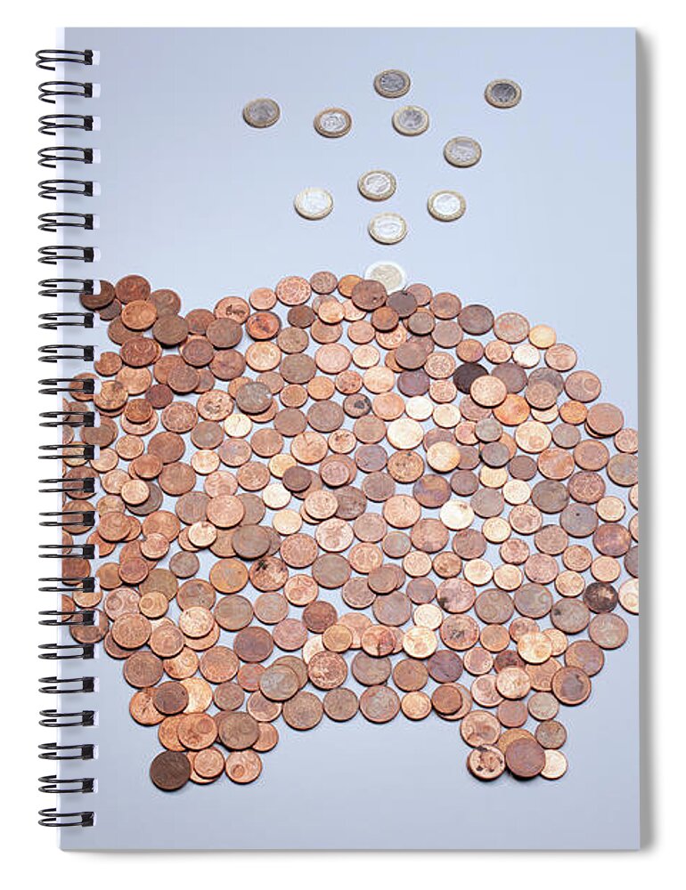 Coin Spiral Notebook featuring the photograph Euro Coins Falling Into A Piggy Bank by Larry Washburn