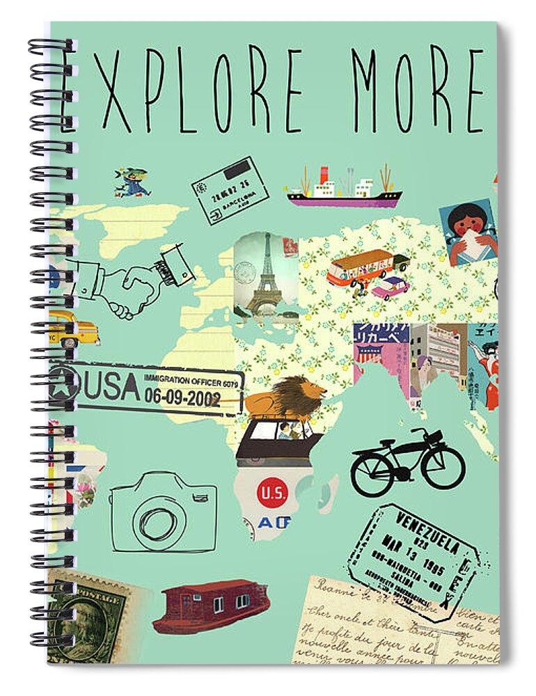 Exlore More World Map Spiral Notebook featuring the mixed media Exlore more world map by Claudia Schoen