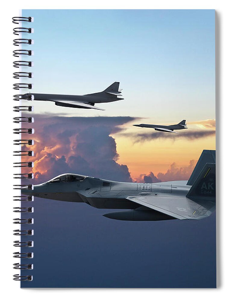 U.s. Air Force Spiral Notebook featuring the digital art  F-22 Raptor Escorting Russian Tu-160 Blackjacks by Erik Simonsen