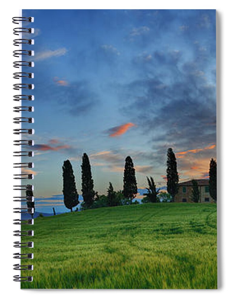 Tranquility Spiral Notebook featuring the photograph Farmhouse With Cypress Trees At Sunrise by Martin Ruegner