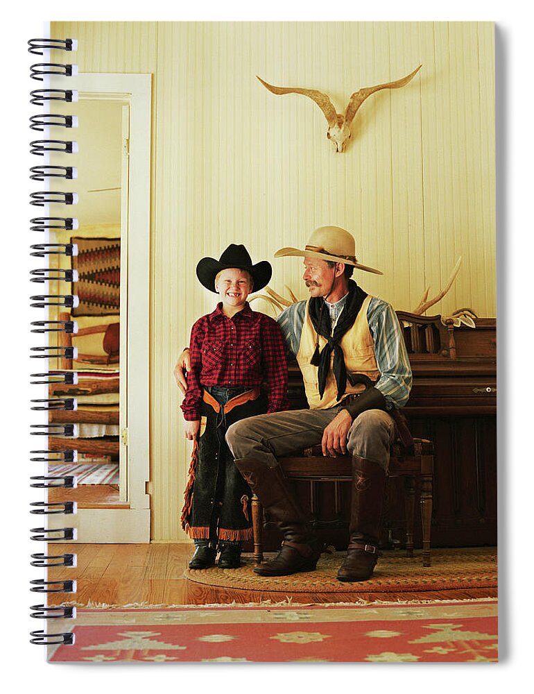 Caucasian Ethnicity Spiral Notebook featuring the photograph Father And Son 7-9 Wearing Cowboy by David Sacks