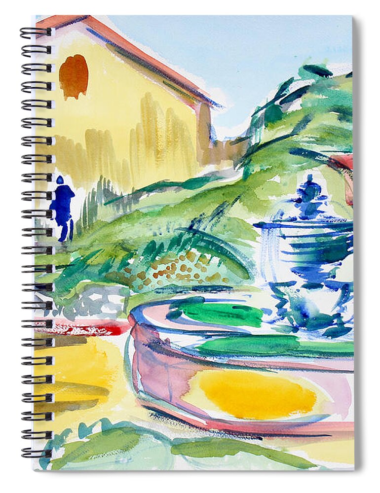 Father Serra Statue And Fountain Spiral Notebook featuring the painting Father Serra Statue And Fountain, Carmel Mission by Richard Fox
