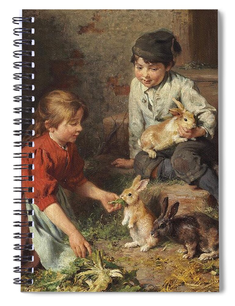 Felix Schlesinger Spiral Notebook featuring the painting Feeding the Rabbits 2 by Felix Schlesinger