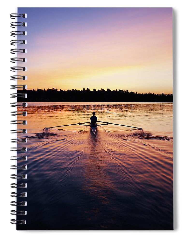 Tranquility Spiral Notebook featuring the photograph Female Rowing Single Scull, Sunrise by Thomas Barwick