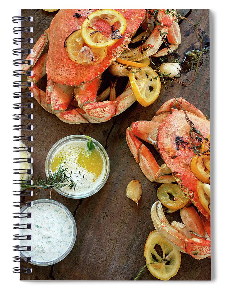 Roast Dinner Spiral Notebook featuring the photograph Fire Roasted Dungeness Crabs On Wooden by Lisa Romerein