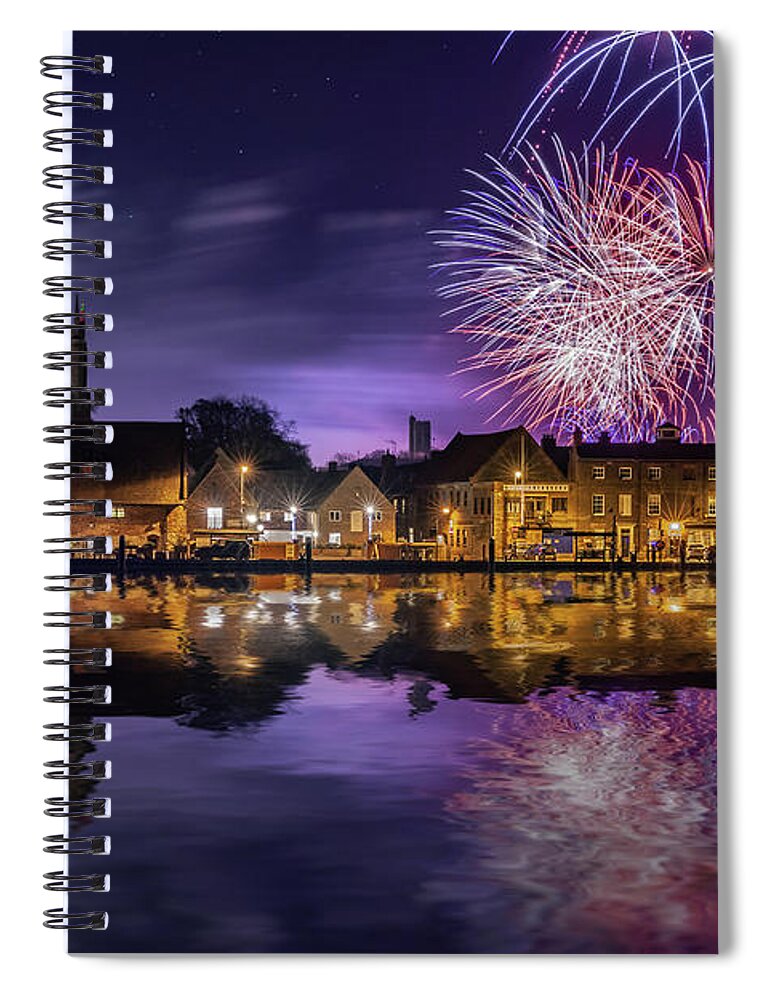 Norfolk Spiral Notebook featuring the photograph Norfolk firework display over Kings Lynn England by Simon Bratt