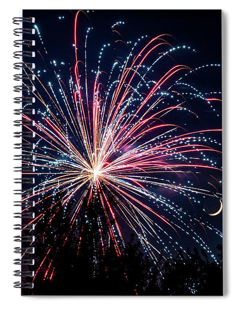 Fireworks Spiral Notebook featuring the photograph Fireworks and Moon by Allin Sorenson