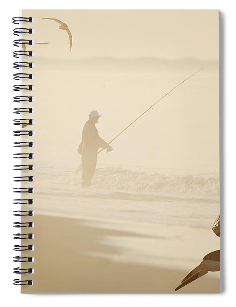 Water's Edge Spiral Notebook featuring the digital art Fisherman And Shorebirds by Johann Schumacher