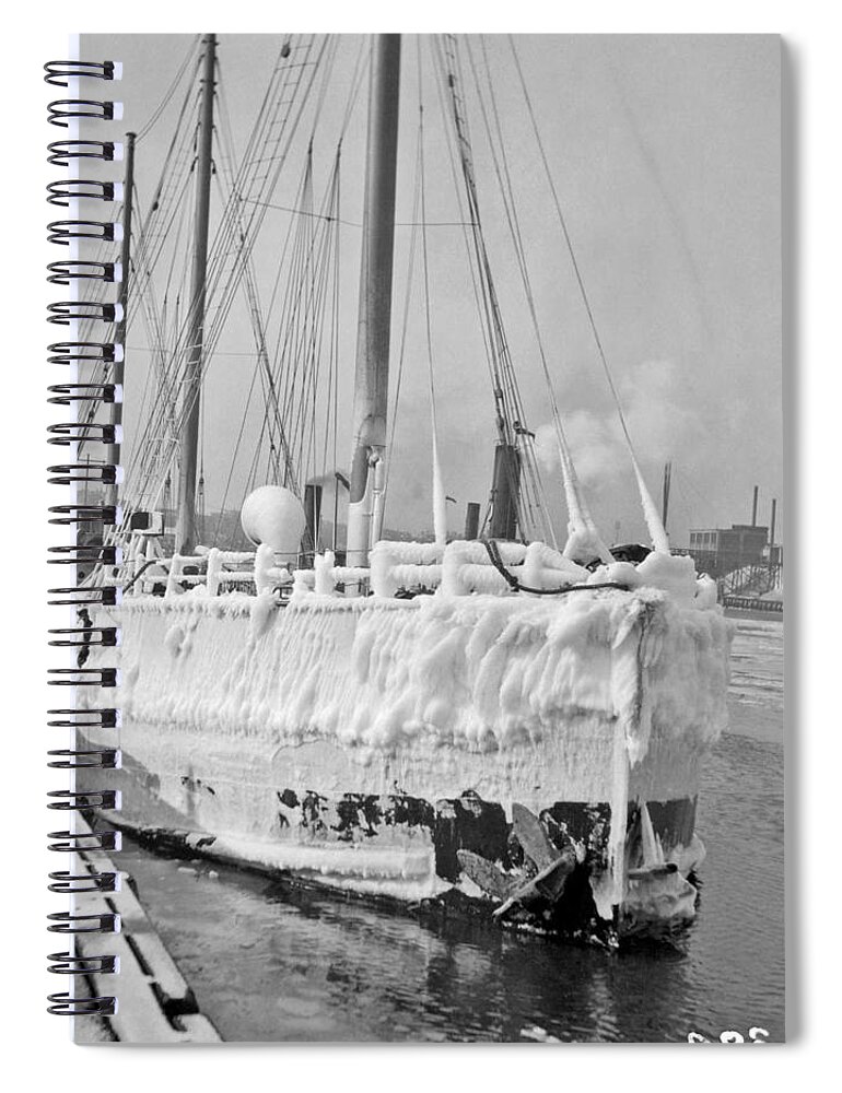 Ship Spiral Notebook featuring the painting Fishing boat covered with ice in Boston Harbor 1919 by Celestial Images