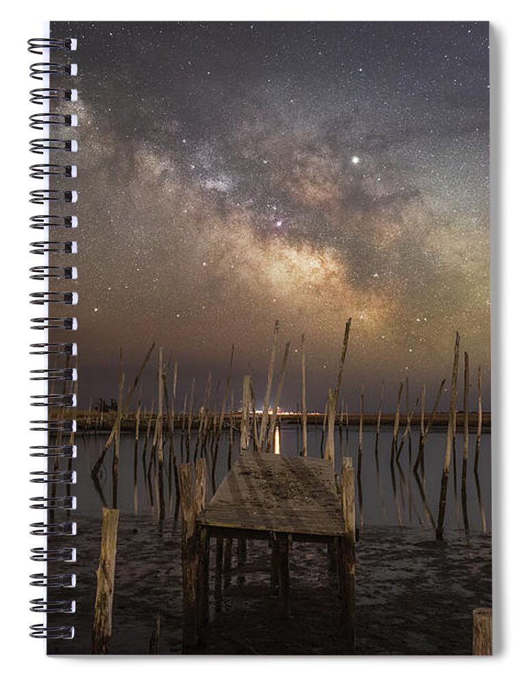 Distressed Spiral Notebook featuring the photograph Fishing Pier Under The Milky Way by Michael Ver Sprill