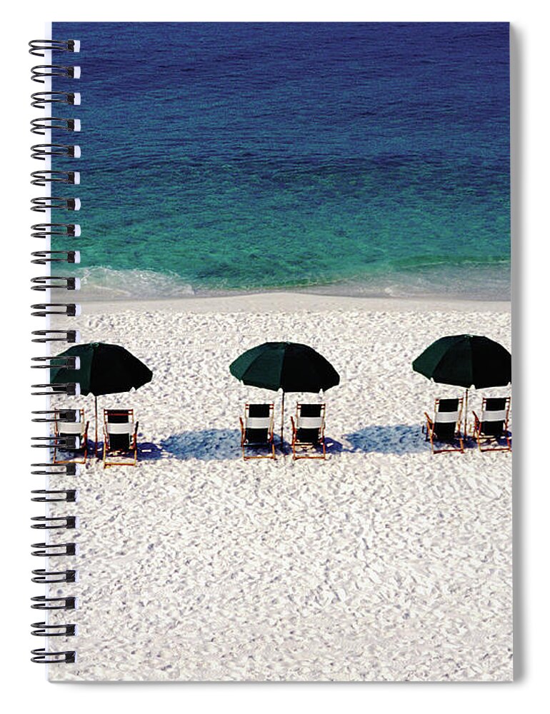 Five Objects Spiral Notebook featuring the photograph Five Umbrellas With Chairs On Beach by Medioimages/photodisc
