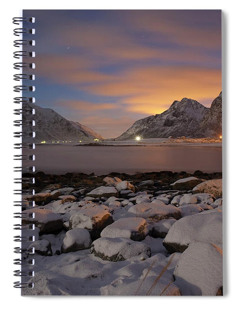 Scenics Spiral Notebook featuring the photograph Flakstad Beach At Night by Antonyspencer