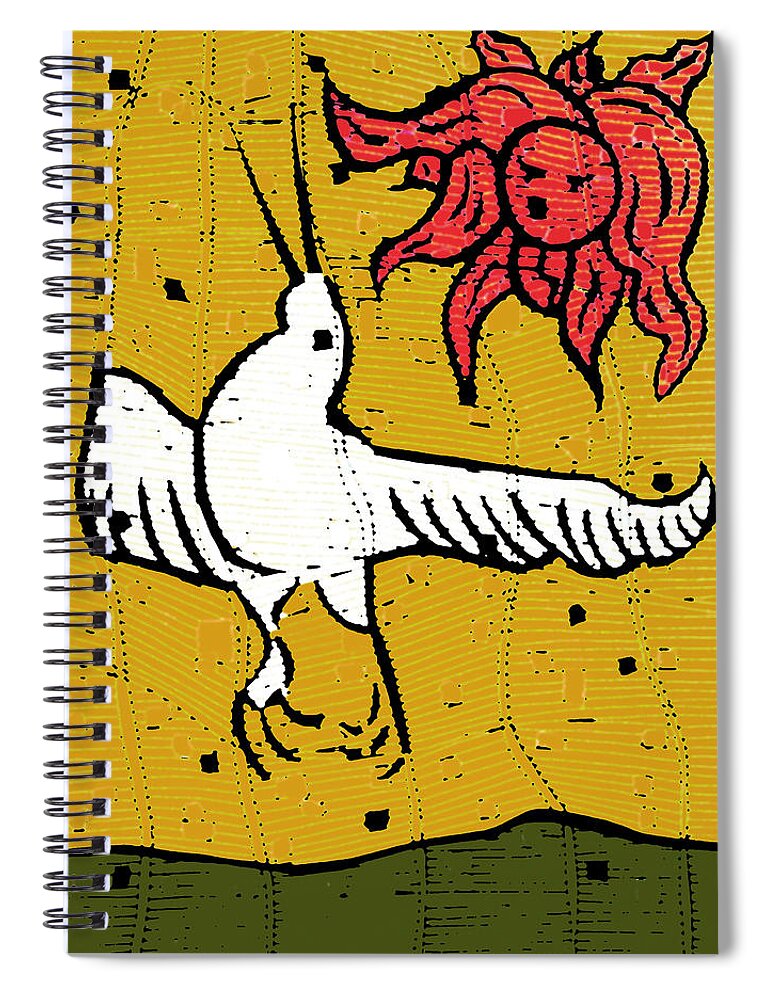 Flying Spiral Notebook featuring the digital art Flying bird and red sun face by Edgeworth Johnstone