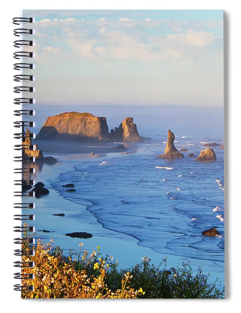 Water's Edge Spiral Notebook featuring the photograph Fog Covers Rock Formations Along The by Craig Tuttle / Design Pics