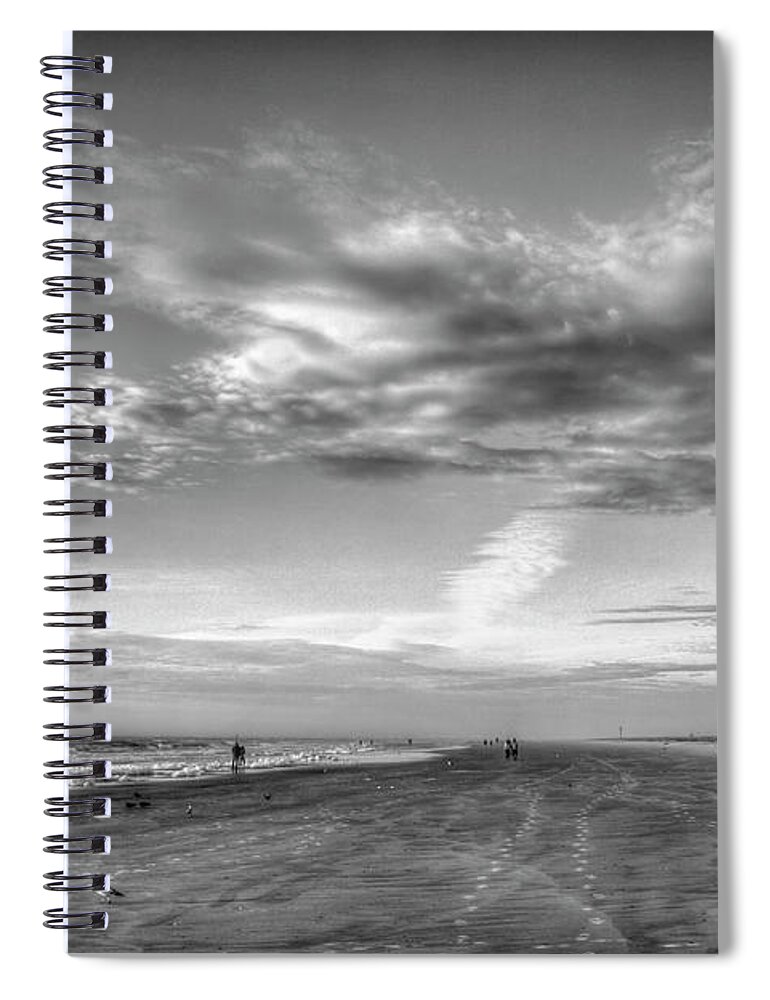 Reid Callaway Tybee Island Beach Sunrise Images Spiral Notebook featuring the photograph Footprints In The Sand B W Tybee Island Sandy Beach Atlantic Ocean Art by Reid Callaway