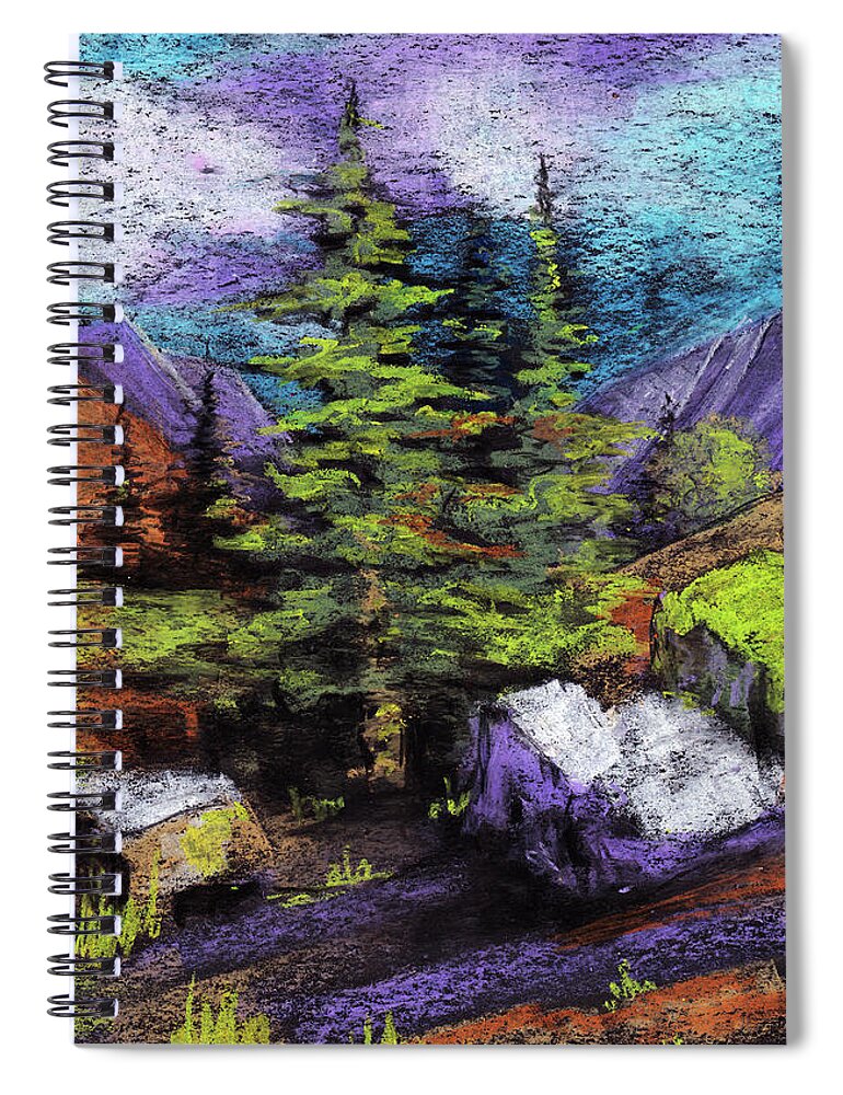 Forest road on the background of mountains, trees and stones. Oil pastel  drawing Spiral Notebook by Elena Sysoeva - Fine Art America