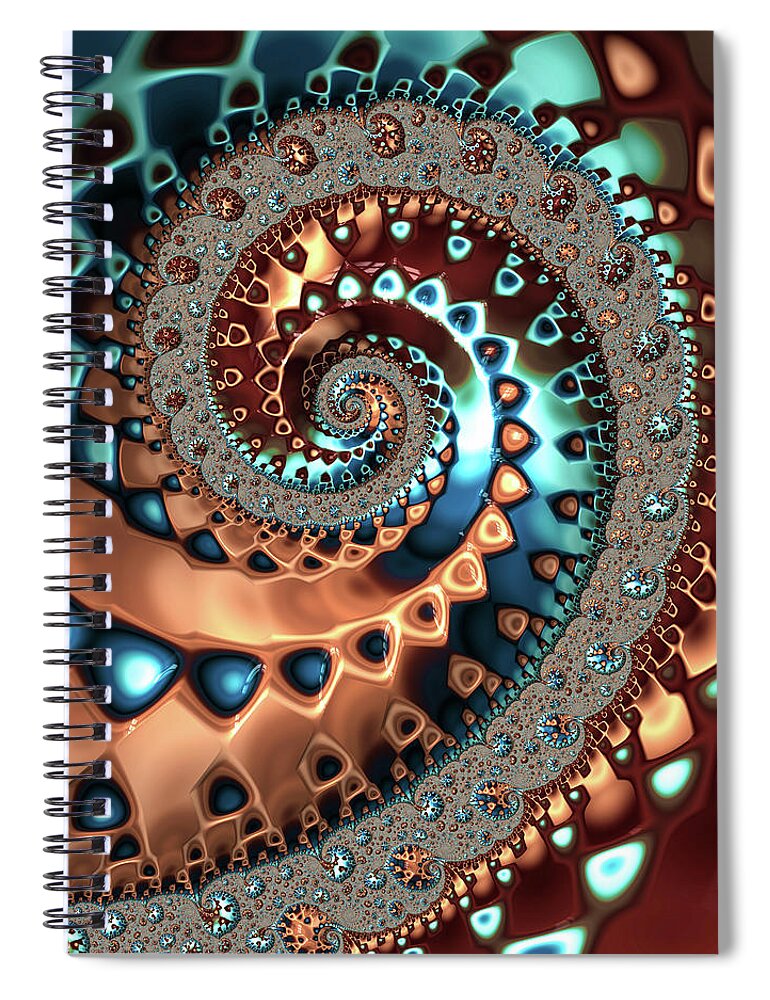 Spiral Spiral Notebook featuring the digital art Fractal Spiral brown blue cyan by Matthias Hauser