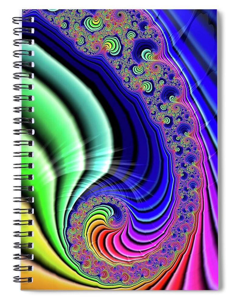 Spiral Spiral Notebook featuring the digital art Fractal Spiral with colorful rainbow stripes by Matthias Hauser