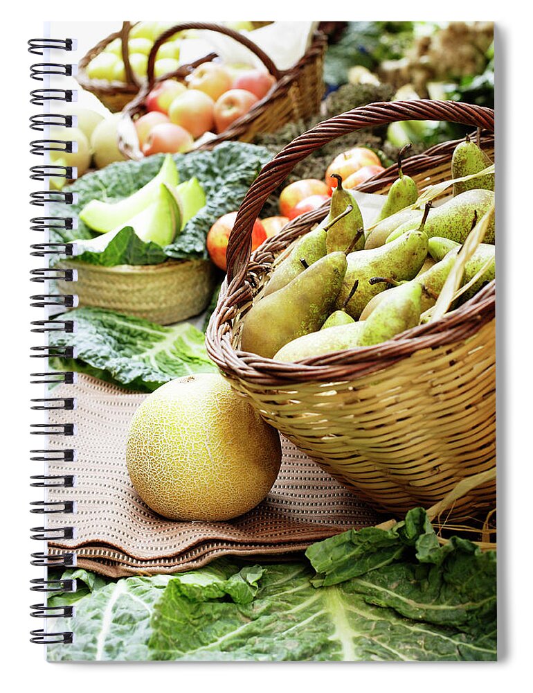 Cantaloupe Spiral Notebook featuring the photograph Fresh Produce For Sale On Table by Floresco Productions