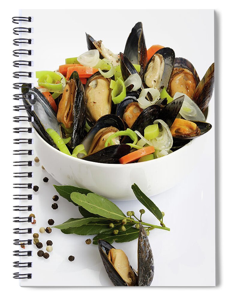 White Background Spiral Notebook featuring the photograph Freshly Prepared Mussels In Bowl by Creativ Studio Heinemann