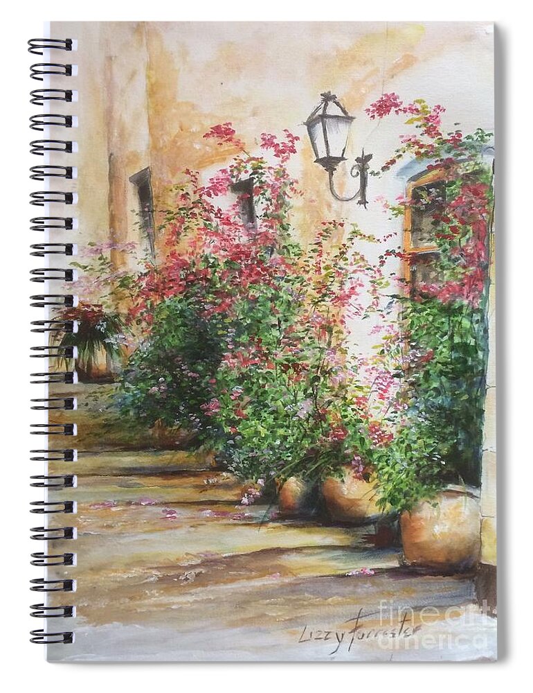 Baleares Spiral Notebook featuring the painting Front door spectacle, Steps in the Old Town, Mallorca Balearics Spain by Lizzy Forrester