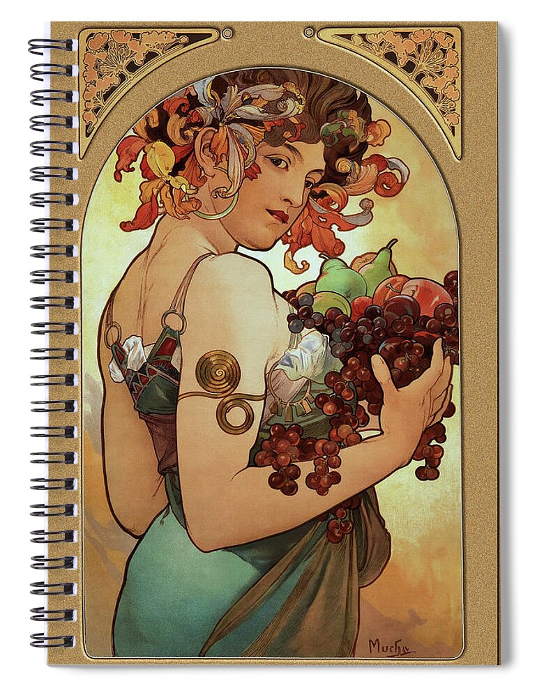 Fruit Spiral Notebook featuring the painting Fruit by Alphonse Mucha by Xzendor7