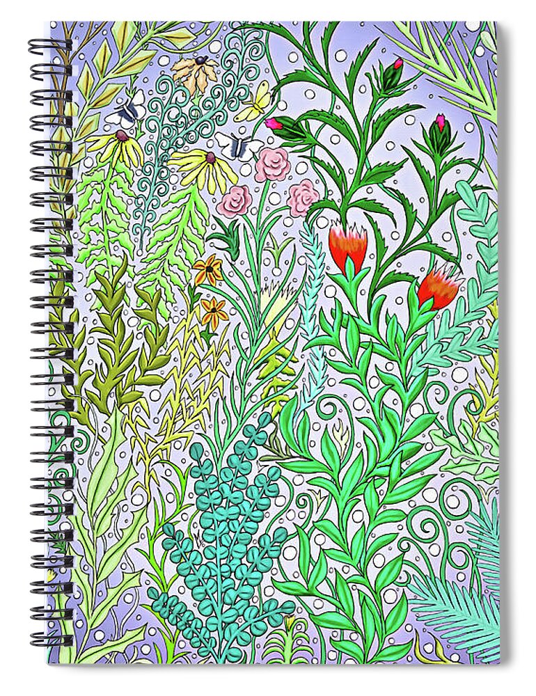 Lise Winne Spiral Notebook featuring the digital art Garden Jungle in Purple with Fuchsia Flowers, Black Eyed Susans Spring Foliage by Lise Winne