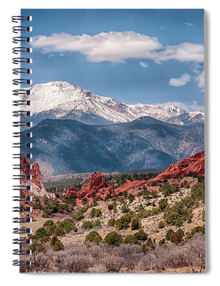 Tranquility Spiral Notebook featuring the photograph Garden Of The Gods And Pikes Peak by Ronnie Wiggin