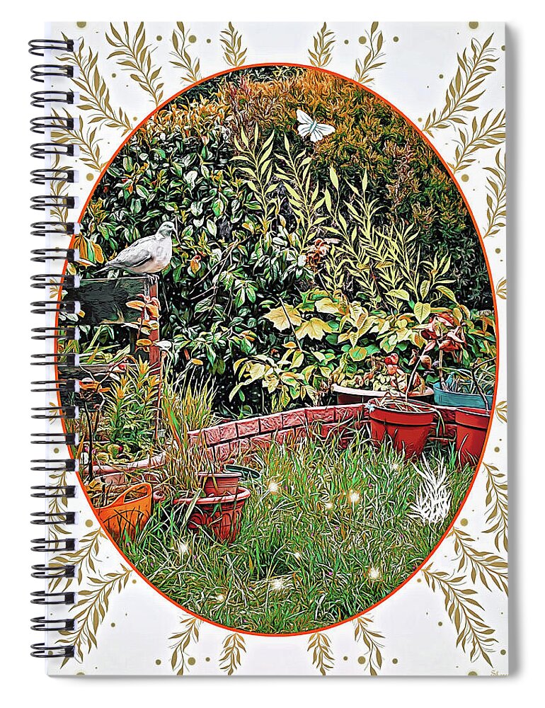 Lise Winne Spiral Notebook featuring the mixed media Garden Pigeon with White Butterfly and White Bush, Abbie Shores Faa Challenge 19 by Lise Winne