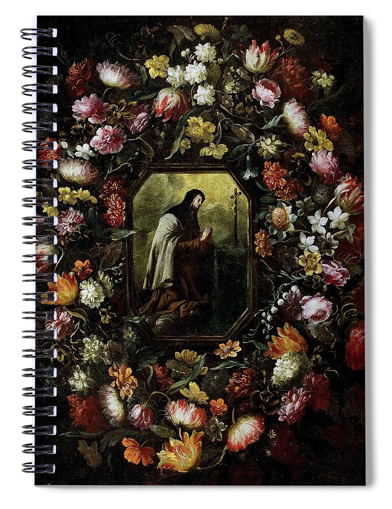 Garland Of Flowers With Saint Teresa Of Jesus Spiral Notebook featuring the painting 'Garland of Flowers with Saint Teresa of Jesus', Second half 17th century, Span... by Bartolome Perez -1634-1693-