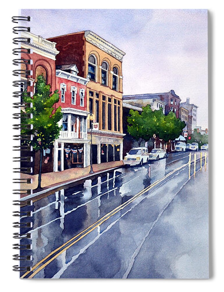 #landscape #cityscape #watercolor #rain #rainy #reflections #fineart #buildings Spiral Notebook featuring the painting Gaslights and Afternoon Rain by Mick Williams