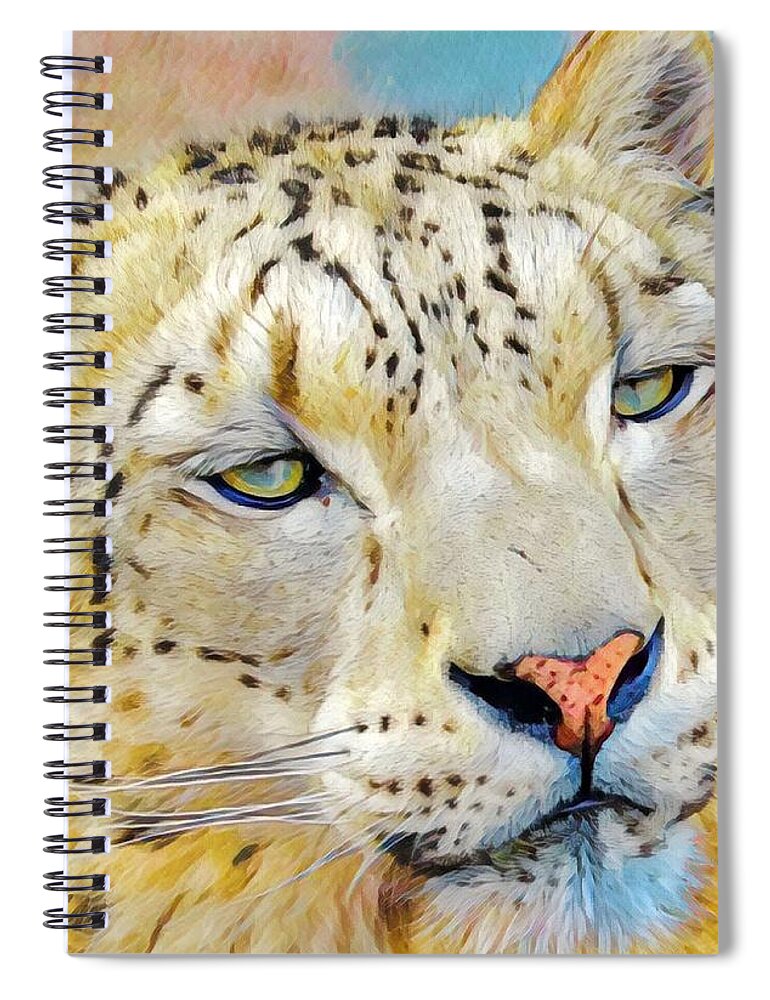 Snow Leopard Spiral Notebook featuring the mixed media Gazing Snow Leopard by Susan Rydberg