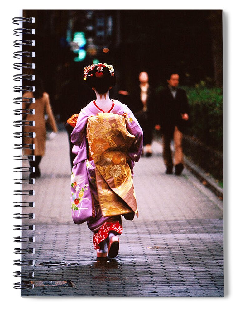 Headwear Spiral Notebook featuring the photograph Geisha In Kimono Walking Away, Pontocho by Lonely Planet