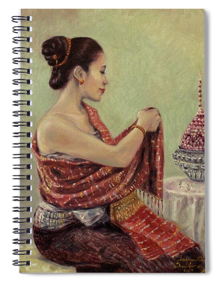 Lao Woman Spiral Notebook featuring the painting Getting Ready by Sompaseuth Chounlamany