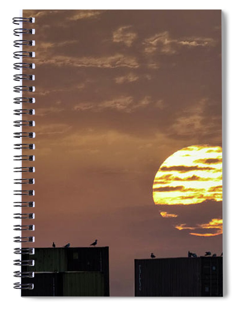 Bright Spiral Notebook featuring the photograph Giant Sun at Sunrise Cadiz Harbour by Pablo Avanzini