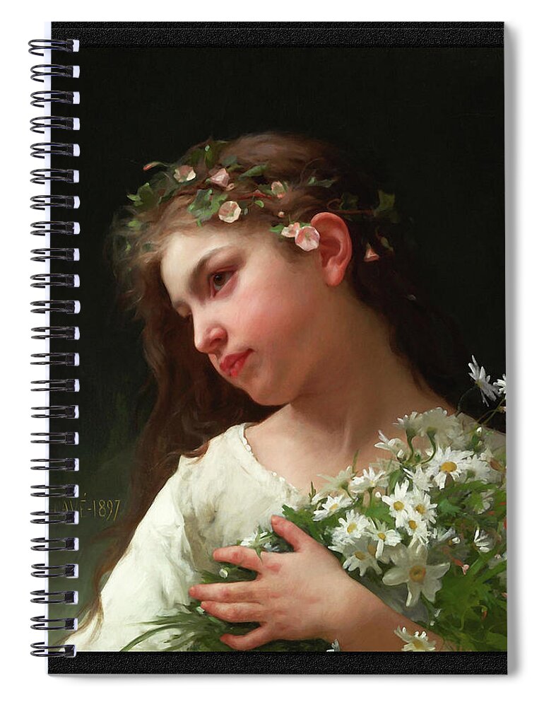 Girl With A Bouquet Of Daisies Spiral Notebook featuring the painting Girl with a Bouquet of Daisies by Jules Cyrille Cave by Rolando Burbon