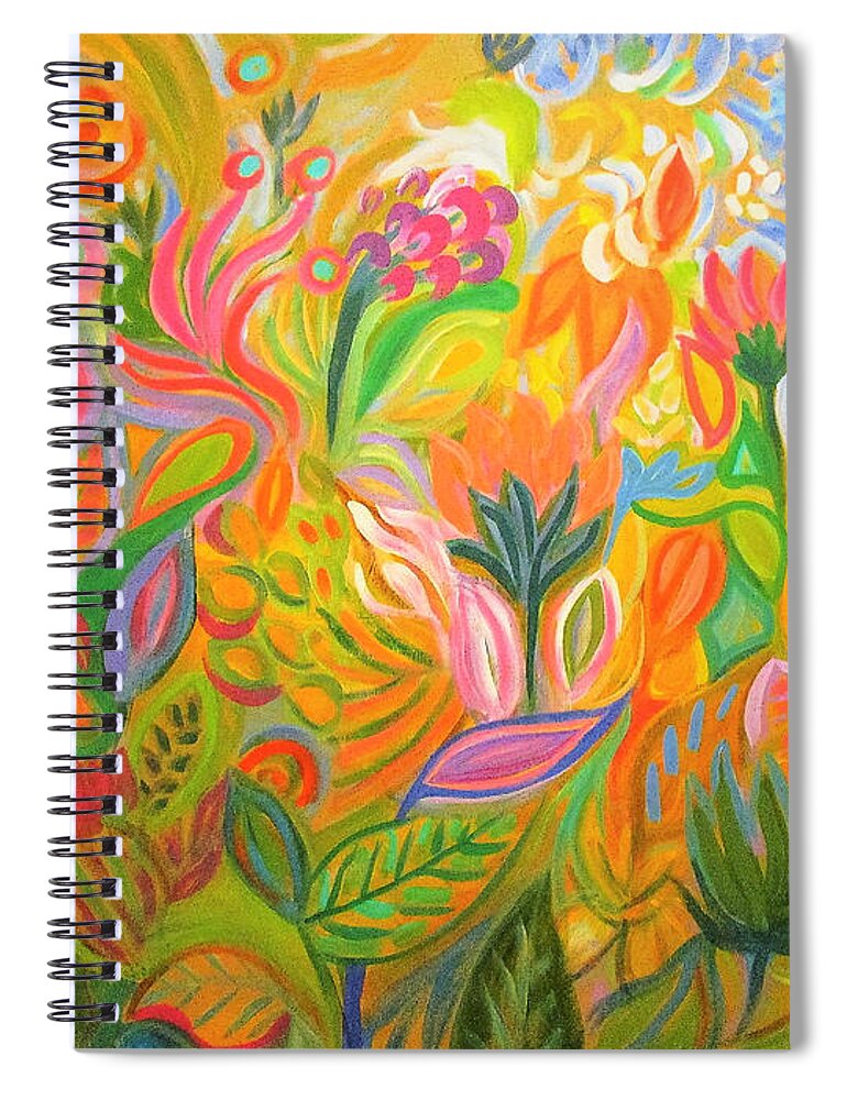 Glory By A Hillman Tropical Jungle Lush Whimsical Naïve Expressionist Impressionist Yellow Gold Green Pink Orange Acrylic Painting Hawaii Hana Maui Island Paradise Spring Summer Joy Rejoicing Clouds Spirals Palm Trees Blooming Green Foliage Splendor Leaves Flowers Celebrate Life Praise Glory To The King Of Kings Yah Yeshua Messiah Jesus Savior Alleluia Spiral Notebook featuring the painting Glory by A Hillman
