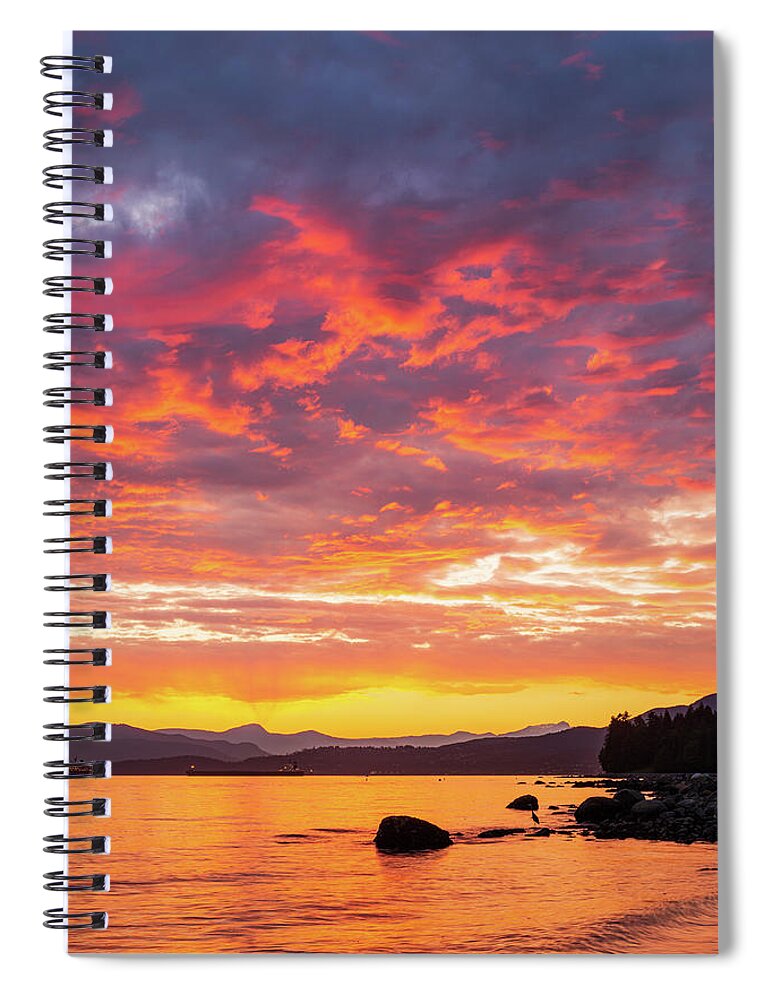 Outdoor; Sunset; Twilight; Spring; Great Blue Heron; English Bay; Vancouver; Downtown; Orange; Glow; Beach; View; Sky; Evening; Dusk; Waterfront; Park; Stanley Park; Reflection; Ocean; Bay; Vancouver; British Columbia; Canada; North America; Landscape; Water; Reflection; Ship; Seaside; Scenic; Spiral Notebook featuring the digital art Glowing Sky in English Bay #2 by Michael Lee