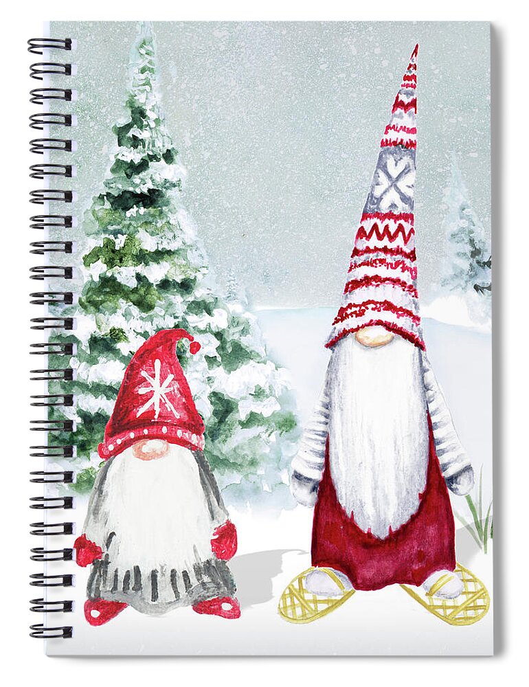 Gnome Spiral Notebook featuring the mixed media Gnomes On Winter Holiday II by Janice Gaynor