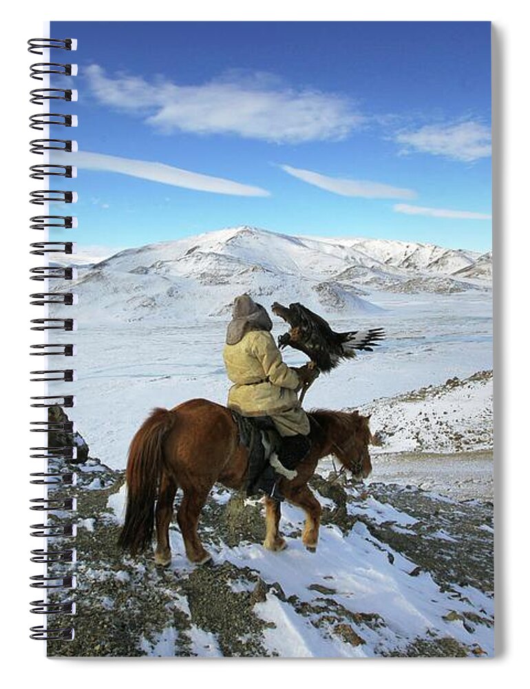 Horse Spiral Notebook featuring the photograph Golden Eagle Hunter Riding In Altai by Timothy Allen