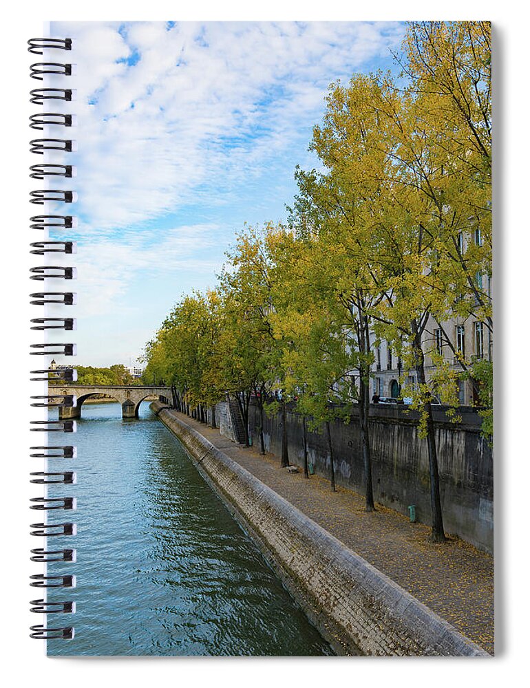 Paris Spiral Notebook featuring the photograph Golden Leaves Along the Seine by Liz Albro