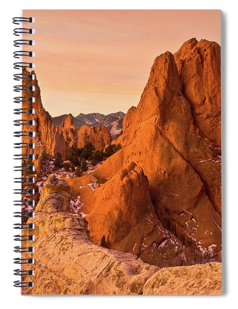 Tranquility Spiral Notebook featuring the photograph Golden Sunrise At Garden Of The Gods by Ronda Kimbrow Photography