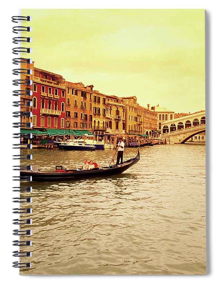 Row House Spiral Notebook featuring the photograph Gondola In A Canal, Rialto Bridge by Medioimages/photodisc