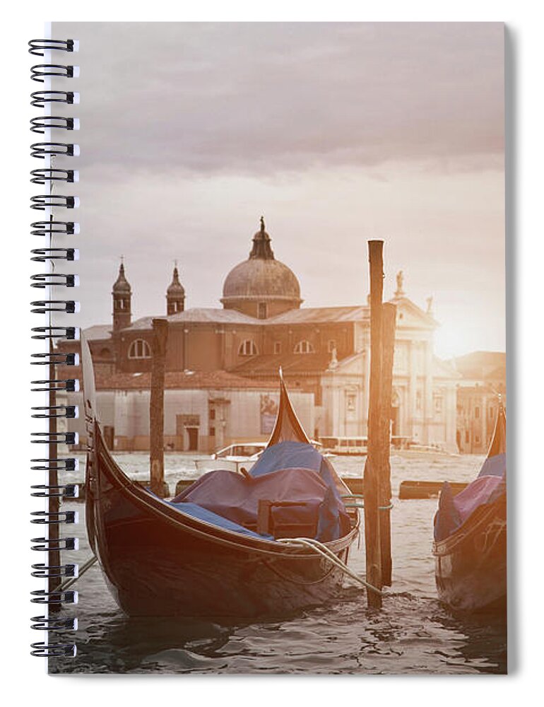 Veneto Spiral Notebook featuring the photograph Gondolas Docked On Urban Canal by Walter Zerla