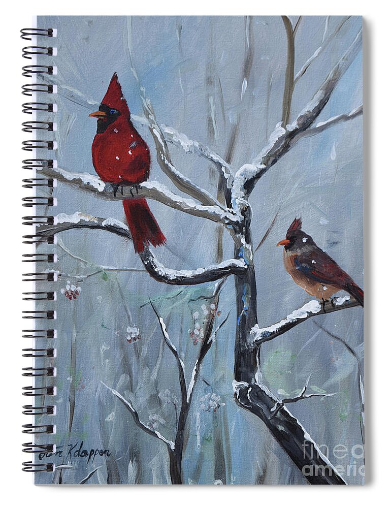 Cardinals Spiral Notebook featuring the painting Gone Away is the BlueBird - Walking in a Winter Wonderland by Jan Dappen