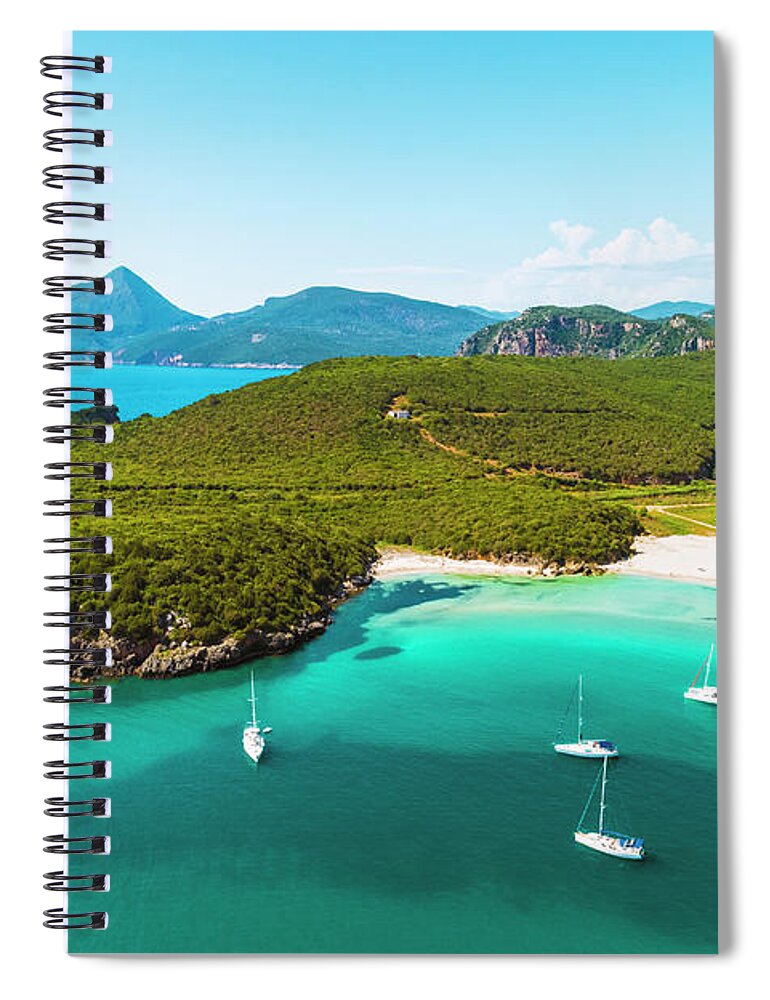 Estock Spiral Notebook featuring the digital art Greece, Epirus, Preveza, Mediterranean Sea, Aerial View Of Nicos Beach In Ammoudia With Sailing Boats, A Small Fishing Village by Armand Ahmed Tamboly