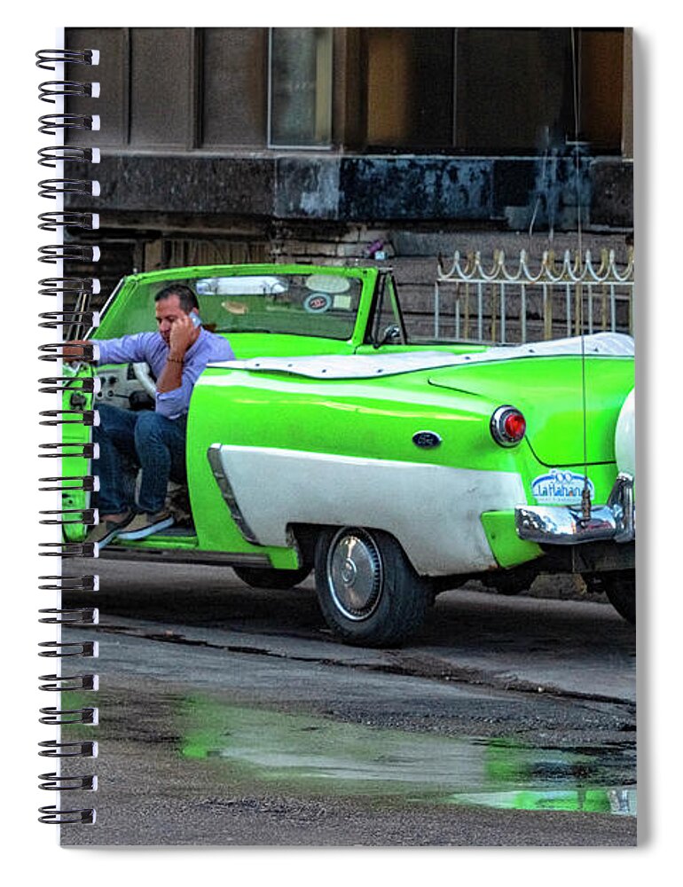 Havana Cuba Spiral Notebook featuring the photograph Green And White Taxi by Tom Singleton
