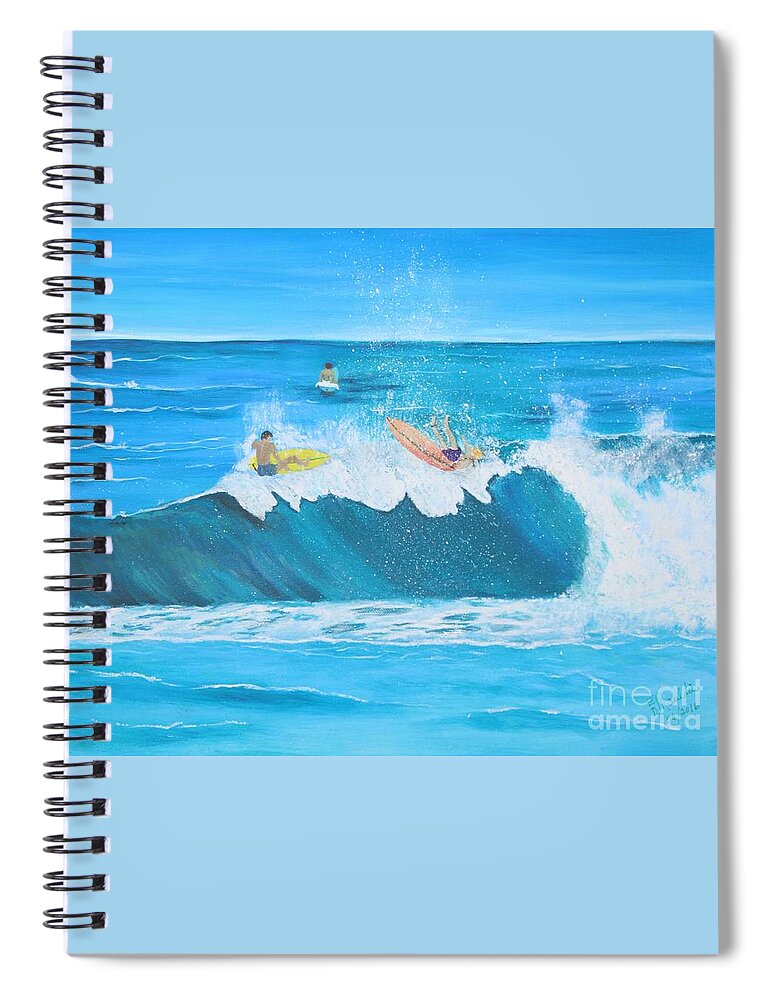 Surfing Spiral Notebook featuring the painting Grubbing at the Crest by Elizabeth Mauldin